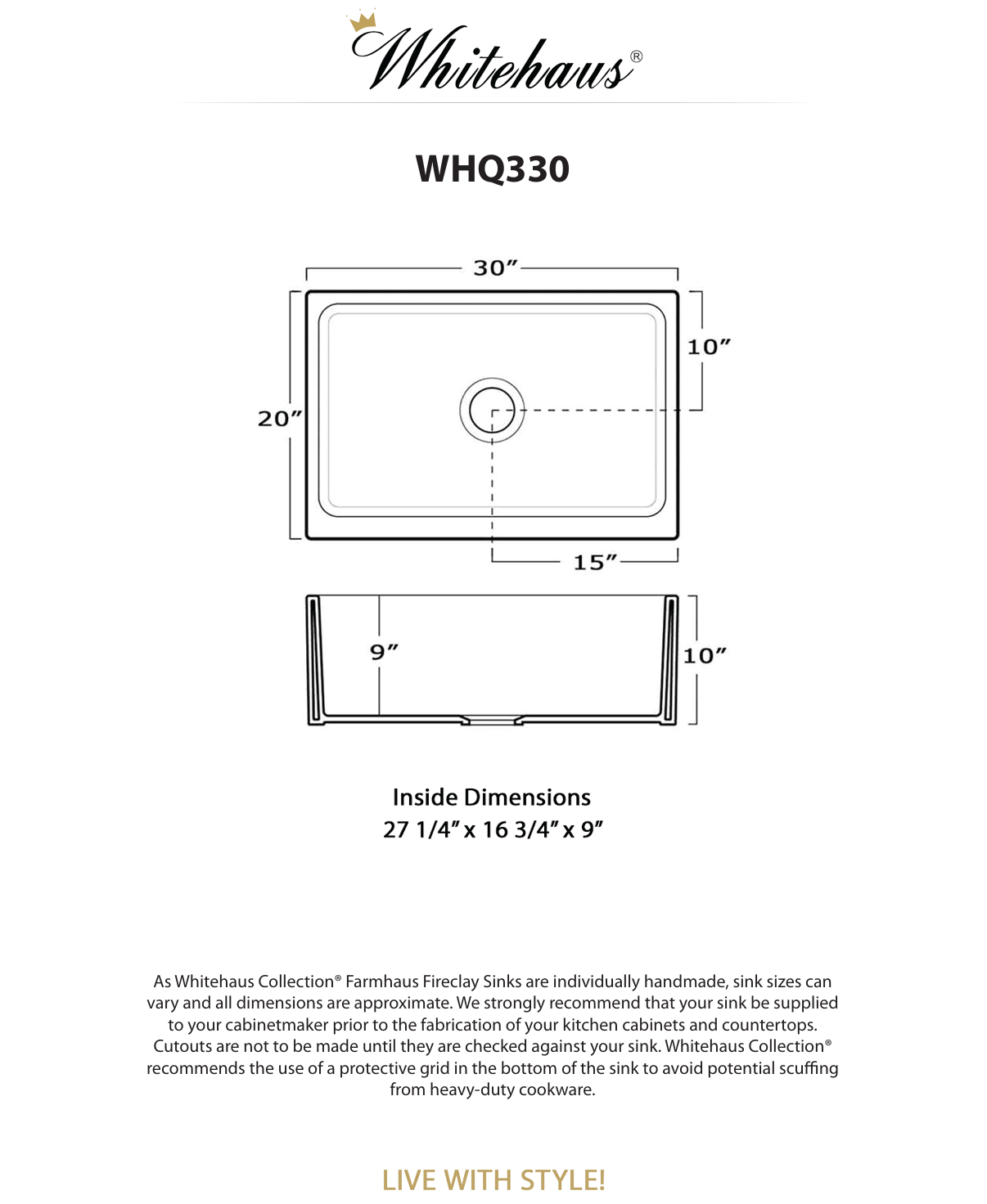 Whitehaus WHQ330-BISCUIT 30" Reversible Single Bowl Fireclay Kitchen Sink WHQ330-BISCUIT
