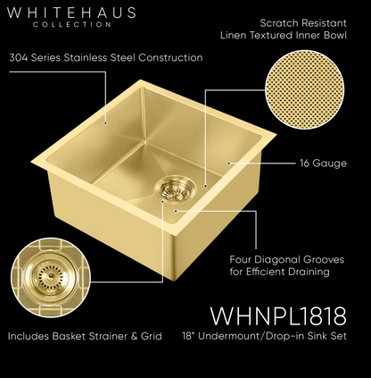 Whitehaus Undermount/Drop-In Single Bowl Stainless Steel Kitchen Sink Set WHNPL1818-B