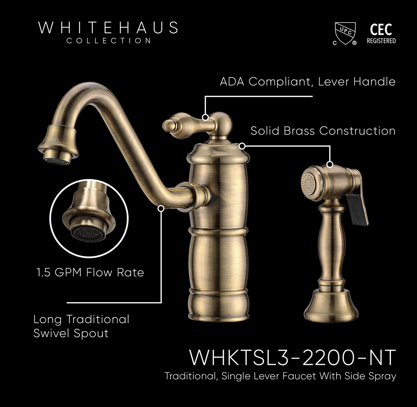 Whitehaus Kitchen Single lever faucet WHKTSL3-2200-NT-AB