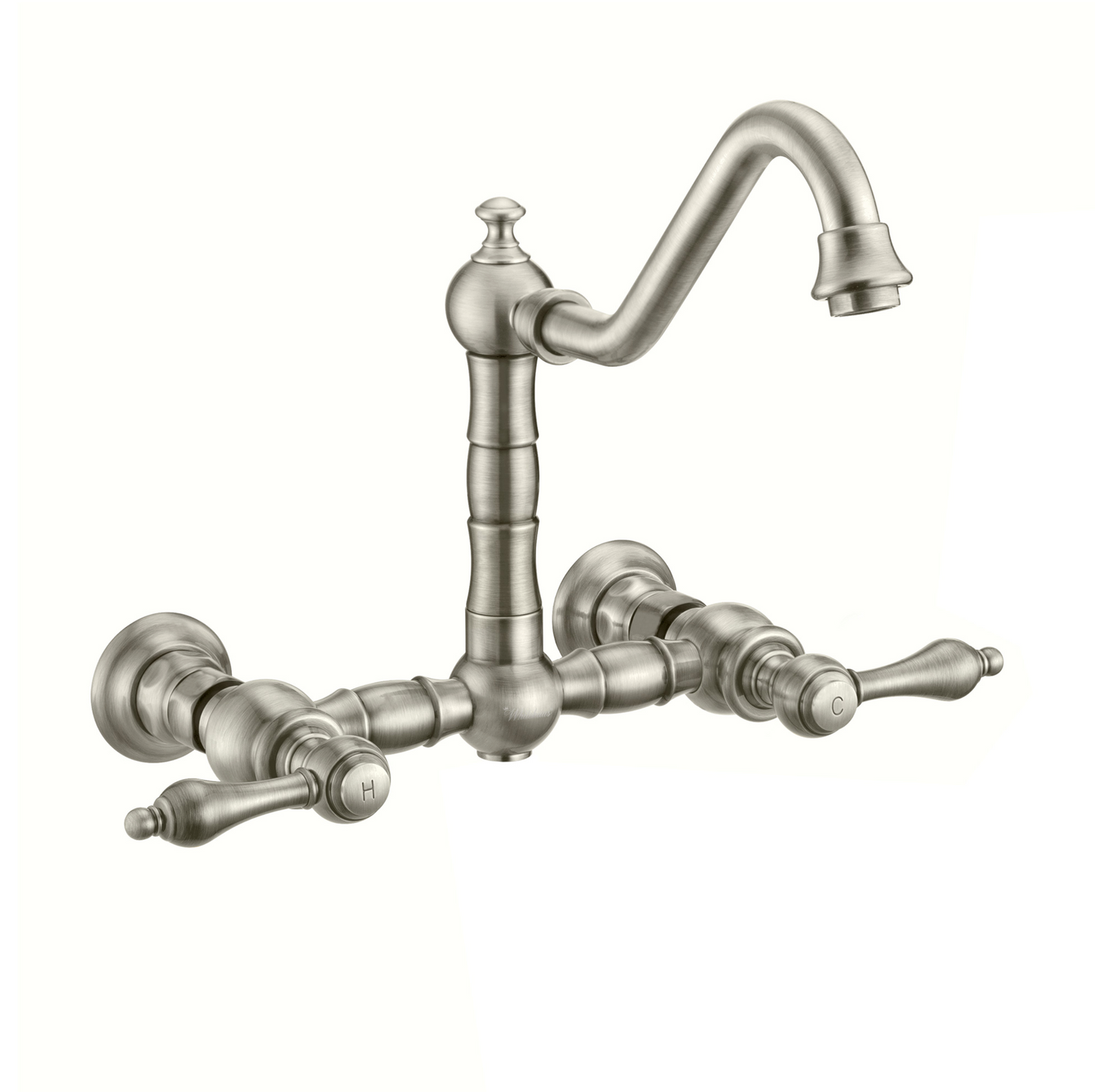 Whitehaus Wall Mount Kitchen Faucet with a Long Traditional Swivel Spout WHKWLV3-9402-NT-BN