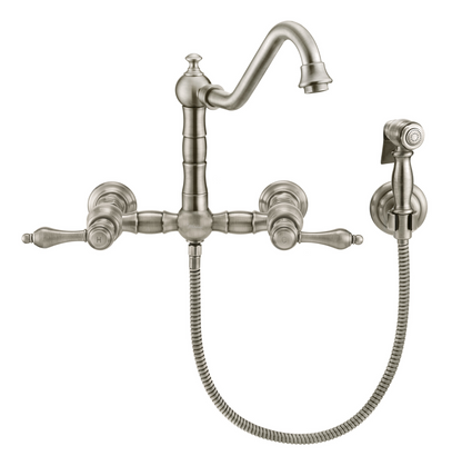 Whitehaus Wall Mount Kitchen Faucet with a Long Traditional Swivel Spout WHKWLV3-9402-NT-BN