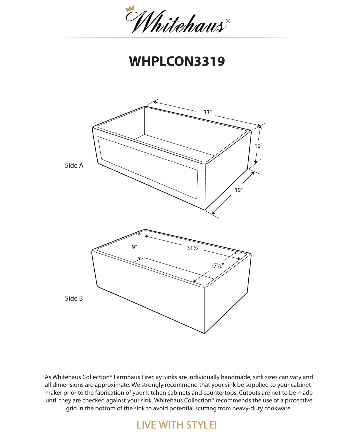 Whitehaus Reversible single bowl fireclay kitchen sinks WHPLCON3319-WHITE