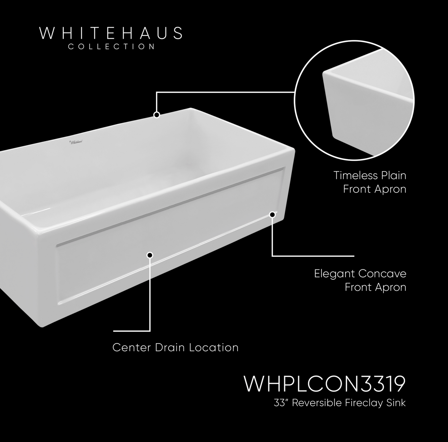 Whitehaus Reversible single bowl fireclay kitchen sinks WHPLCON3319-WHITE