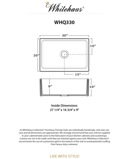 Whitehaus 30" Reversible Single Bowl Fireclay Kitchen Sink WHQ330-BLACK