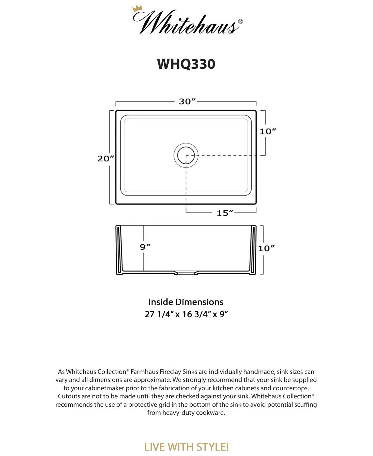 Whitehaus WHQ330-BISCUIT  30" Reversible Single Bowl Fireclay Kitchen Sink WHQ330-BISCUIT