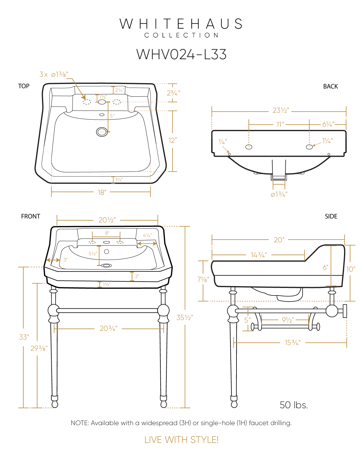 Whitehaus 23" console with integrated rectangular bowl, Brass leg supports and side towel bar WHV024-L33-3H-PN