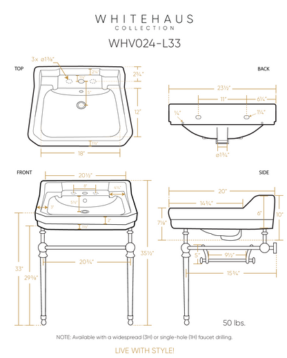 Whitehaus 23" console with integrated rectangular bowl, Brass leg supports and side towel bar WHV024-L33-3H-PN