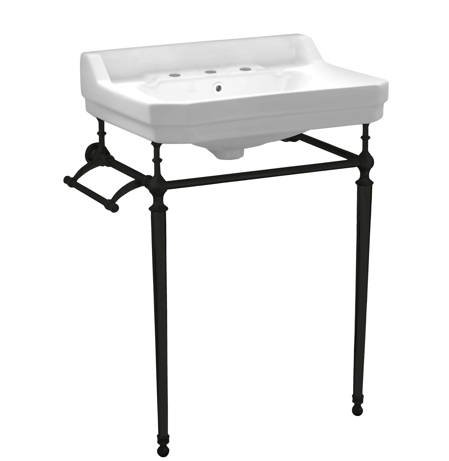 Whitehaus 23" console with integrated rectangular bowl, Brass leg supports and side towel bar WHV024-L33-3H-PN