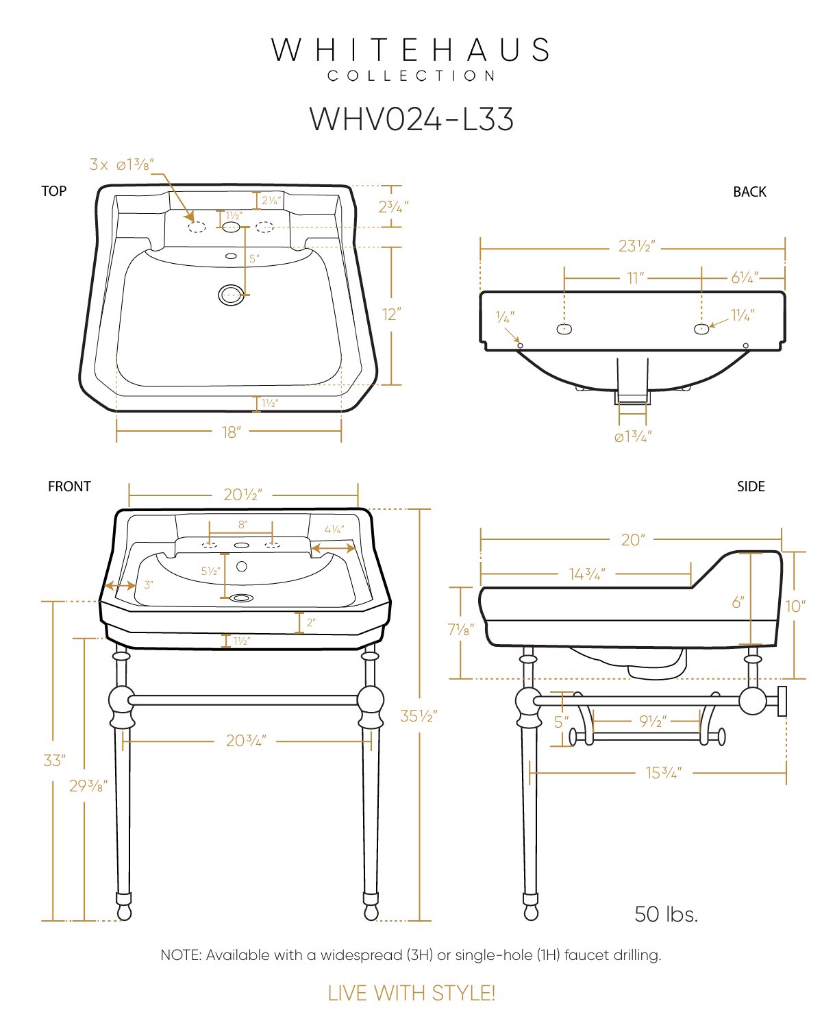 Whitehaus 23" console with integrated rectangular bowl WHV024-L33-1H-C