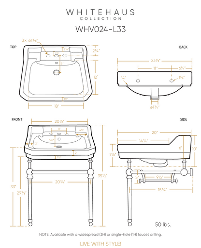 Whitehaus 23" console with integrated rectangular bowl WHV024-L33-1H-C