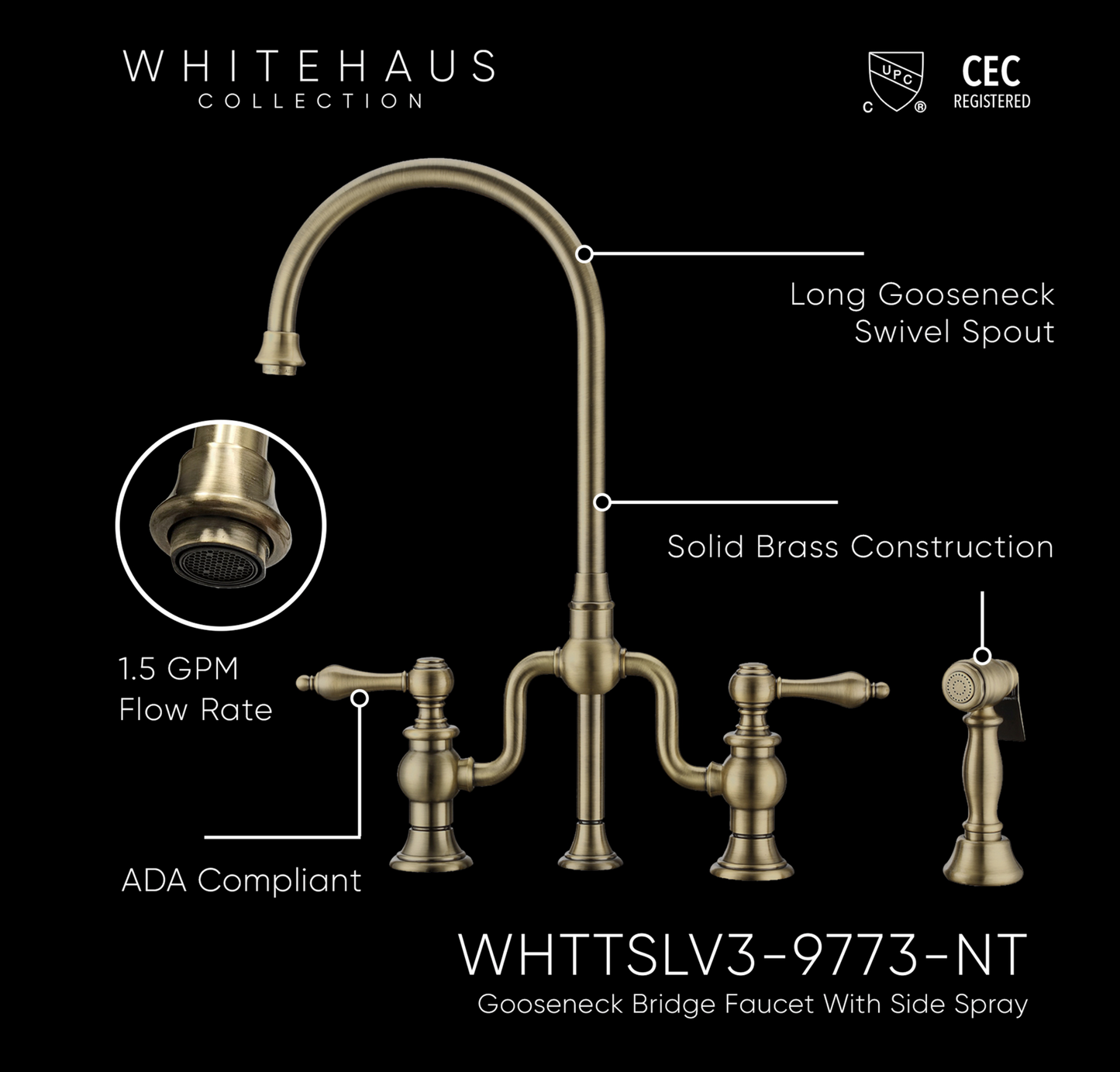 Whitehaus Bridge Faucet with Gooseneck Swivel Spout WHTTSLV3-9773-NT-AB