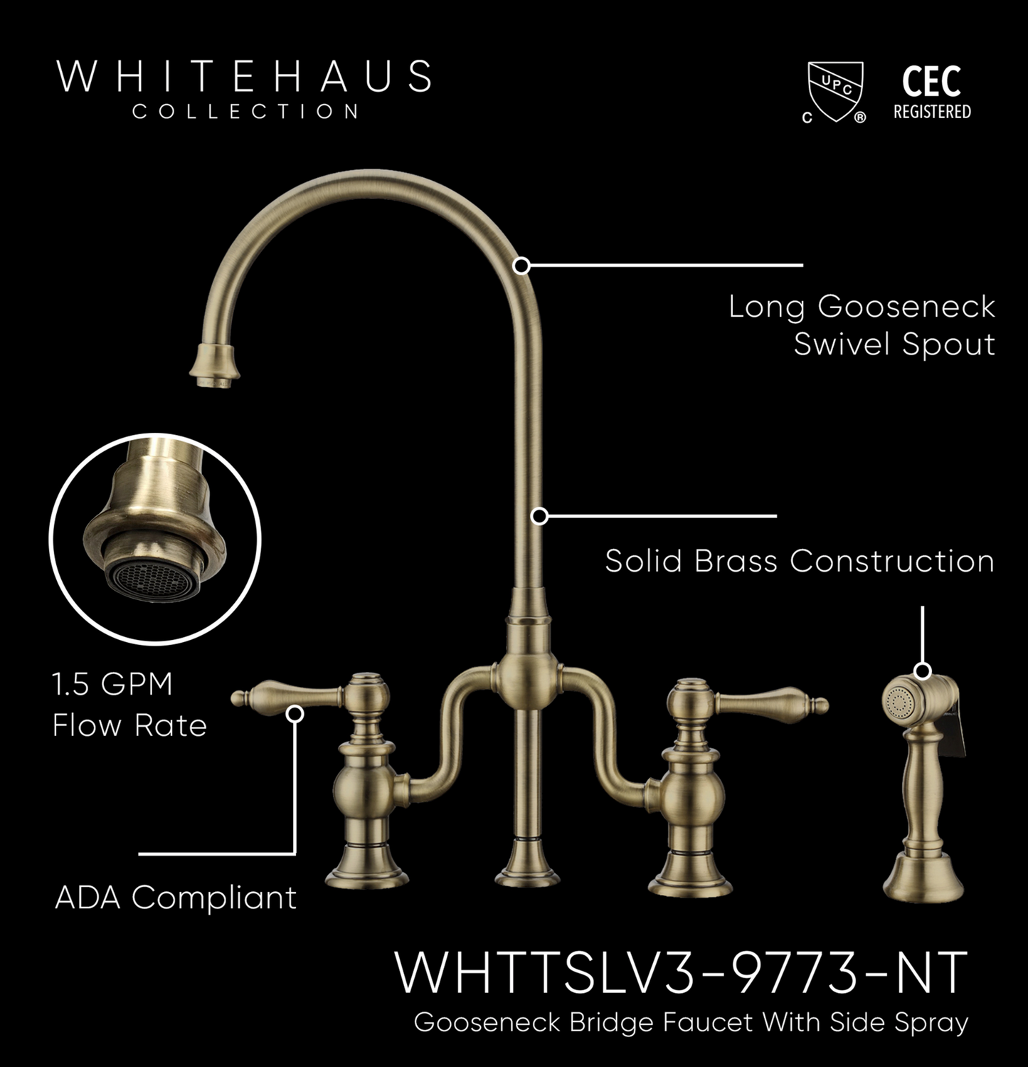 Whitehaus Bridge Faucet with Gooseneck Swivel Spout WHTTSLV3-9773-NT-AB