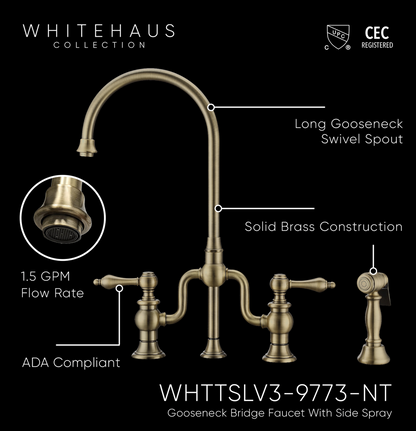 Whitehaus Bridge Faucet with Gooseneck Swivel Spout WHTTSLV3-9773-NT-AB