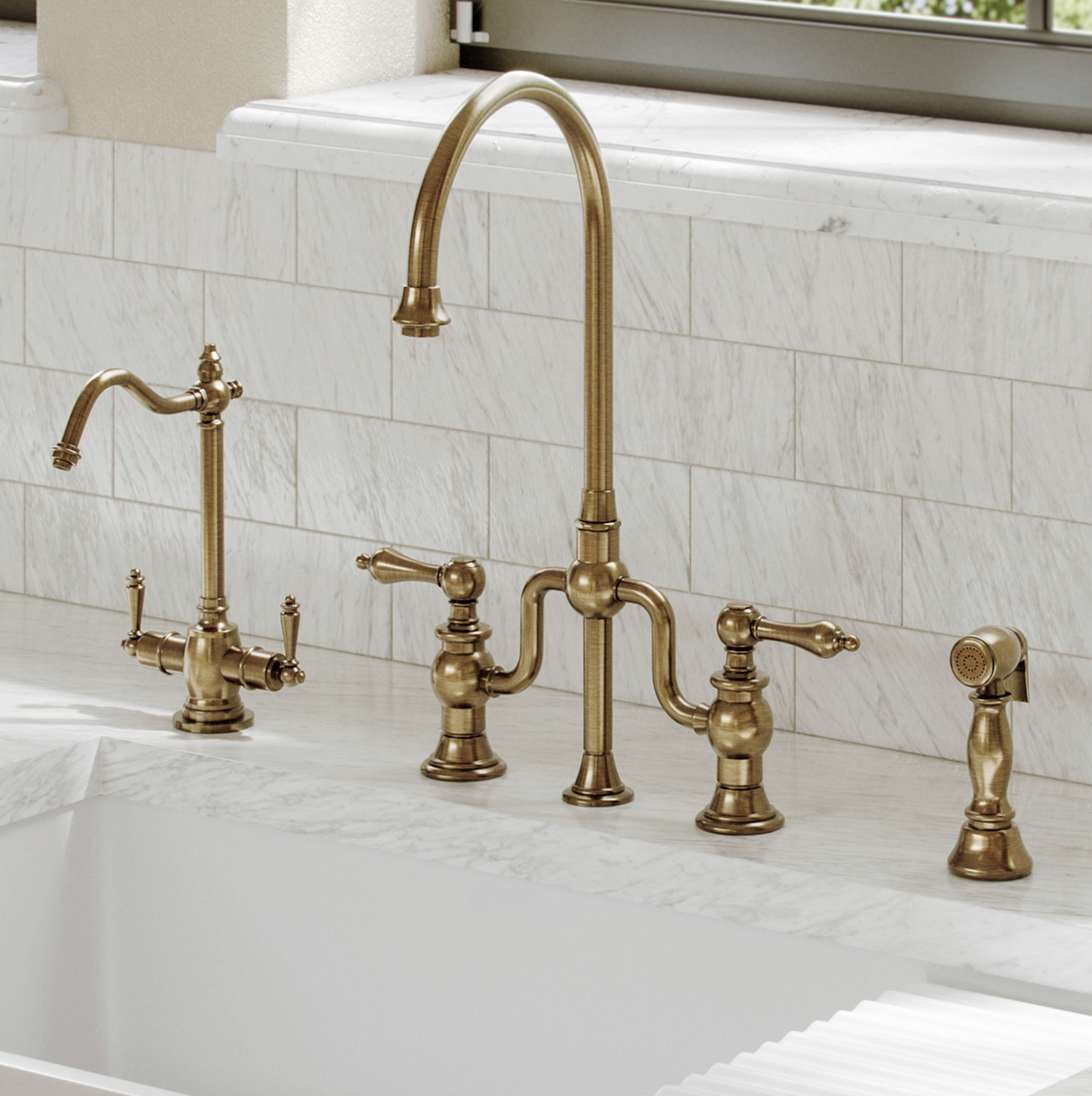 Whitehaus Bridge Faucet with Gooseneck Swivel Spout WHTTSLV3-9773-NT-AB