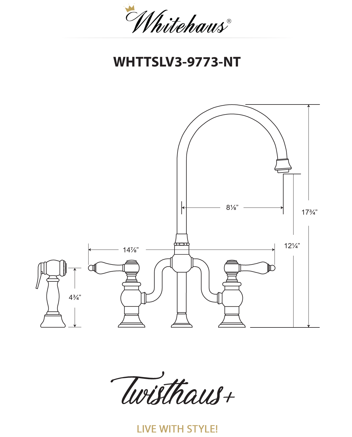 Whitehaus Bridge Faucet with Gooseneck Swivel Spout WHTTSLV3-9773-NT-AB