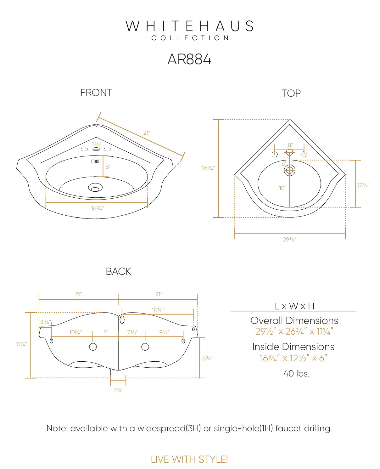 Whitehaus 29" Corner Wall Mount Basin with Oval bowl AR884-3H