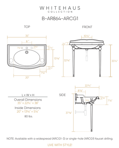 Whitehaus 35" Large Rectangular Wall Mount Console Sink B-AR864-ARCG1