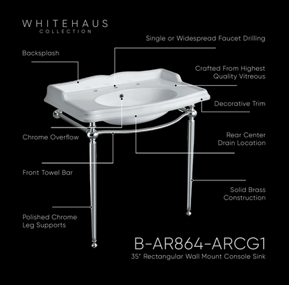 Whitehaus 35" Large Rectangular Wall Mount Console Sink B-AR864-ARCG1