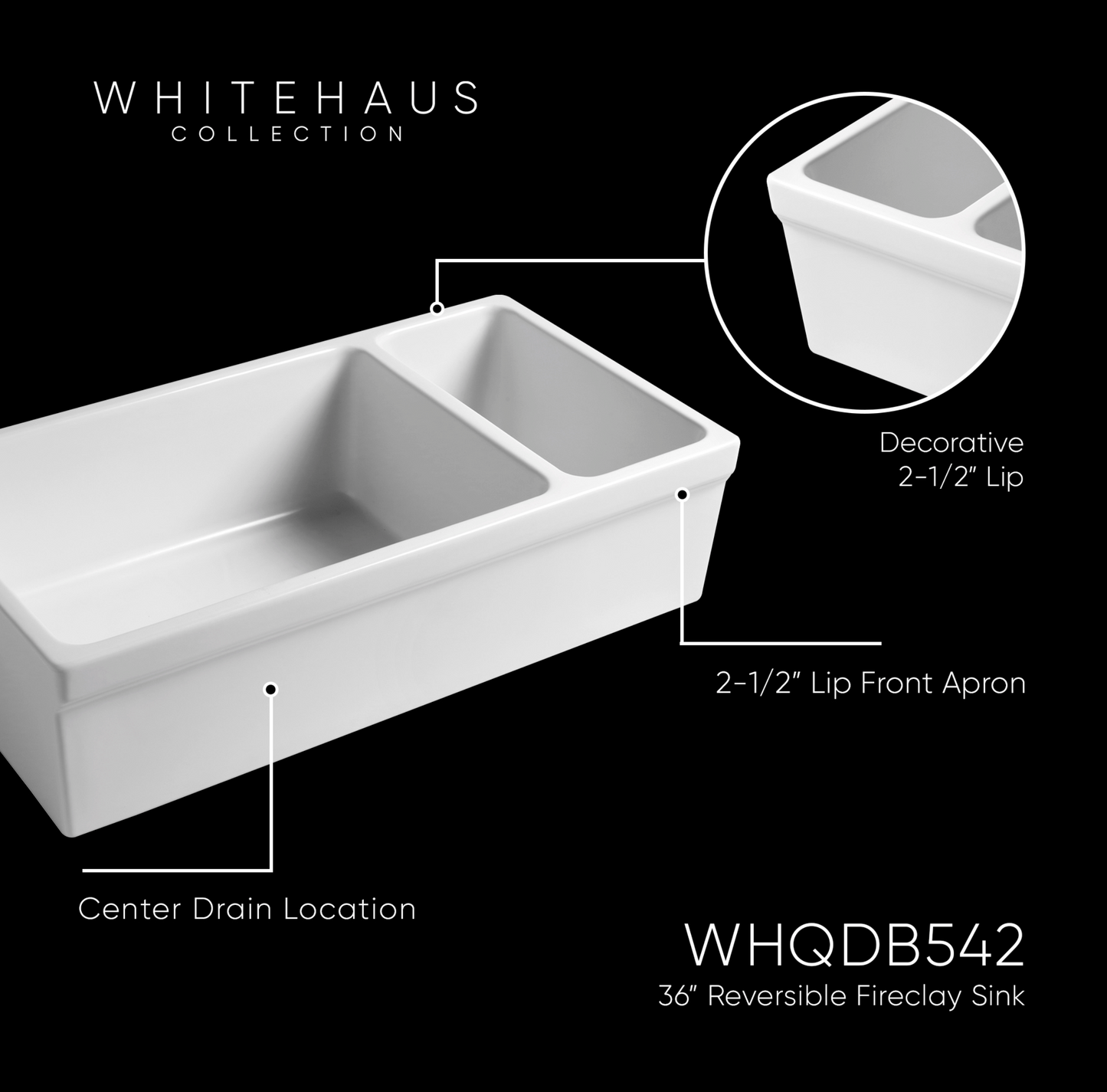 Whitehaus 36" Reversible Large and Small Bowl Fireclay Kitchen Sink WHQDB542-WHITE