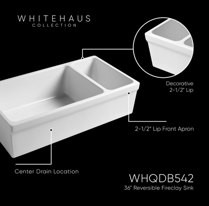 Whitehaus 36" Reversible Large and Small Bowl Fireclay Kitchen Sink WHQDB542-WHITE