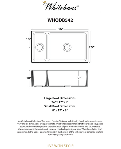 Whitehaus 36" Reversible Large and Small Bowl Fireclay Kitchen Sink WHQDB542-WHITE