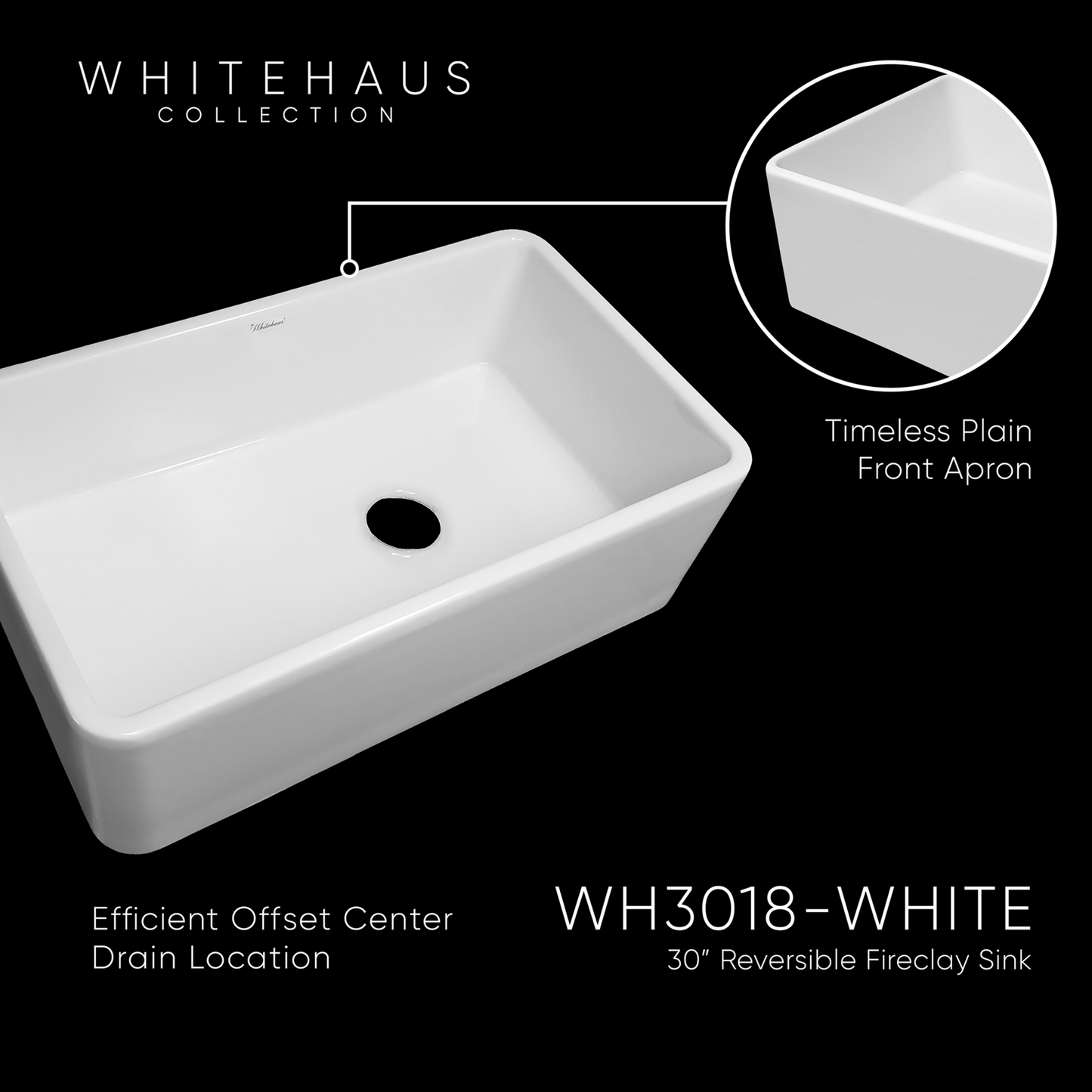 Whitehaus 30" Reversible single bowl fireclay kitchen sink WH3018-WHITE