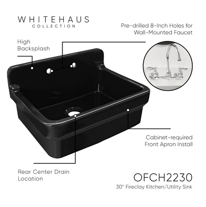 Whitehaus 30" single bowl fireclay kitchen/utility front apron sink OFCH2230-BLACK