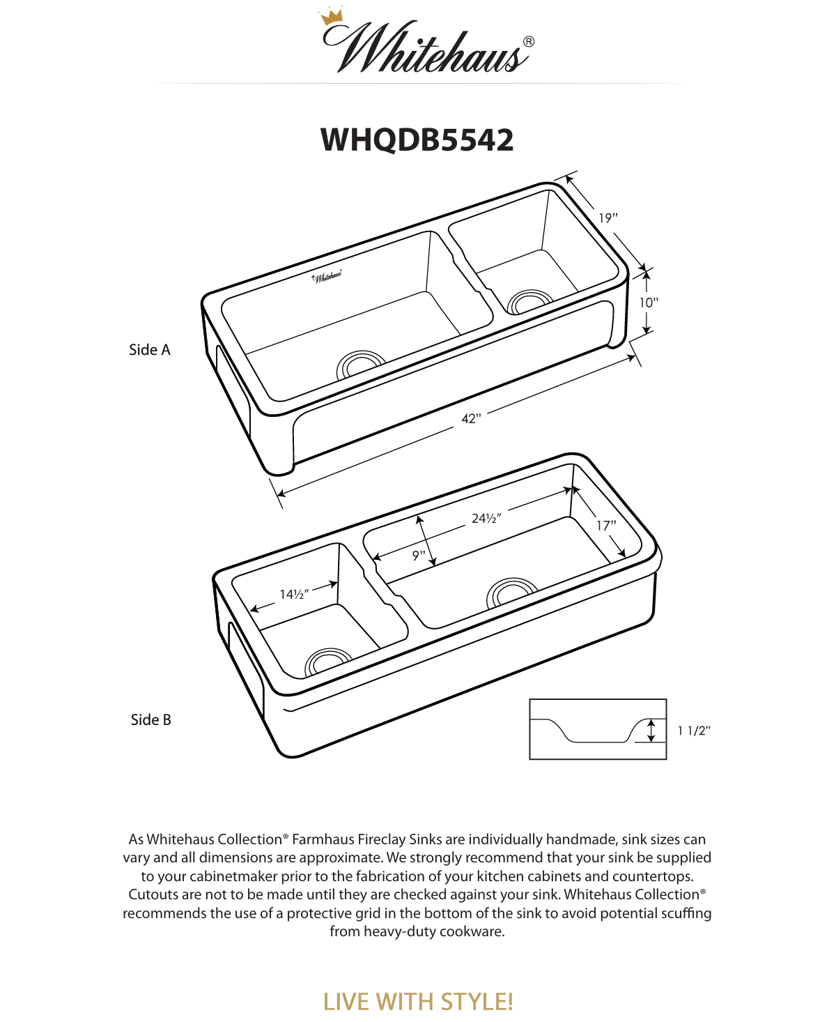 Whitehaus 42" large reversible double bowl fireclay kitchen sink WHQDB5542-WHITE