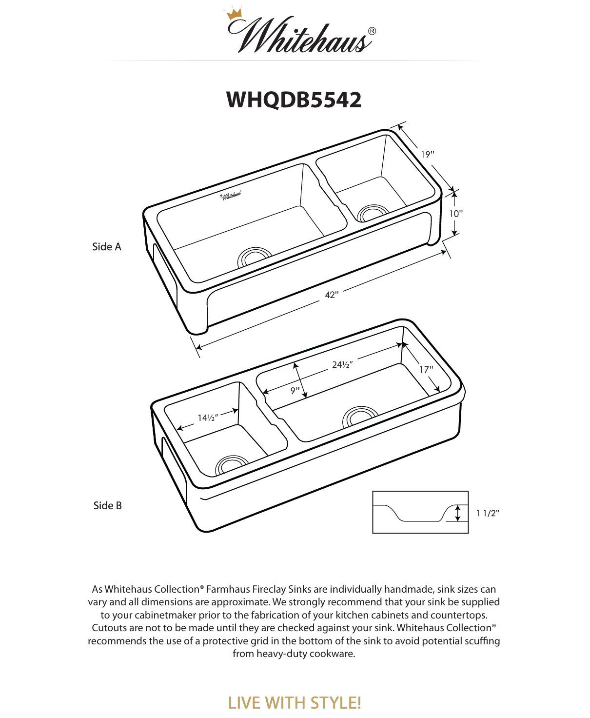 Whitehaus 42" large reversible double bowl fireclay kitchen sink WHQDB5542-BISCUIT