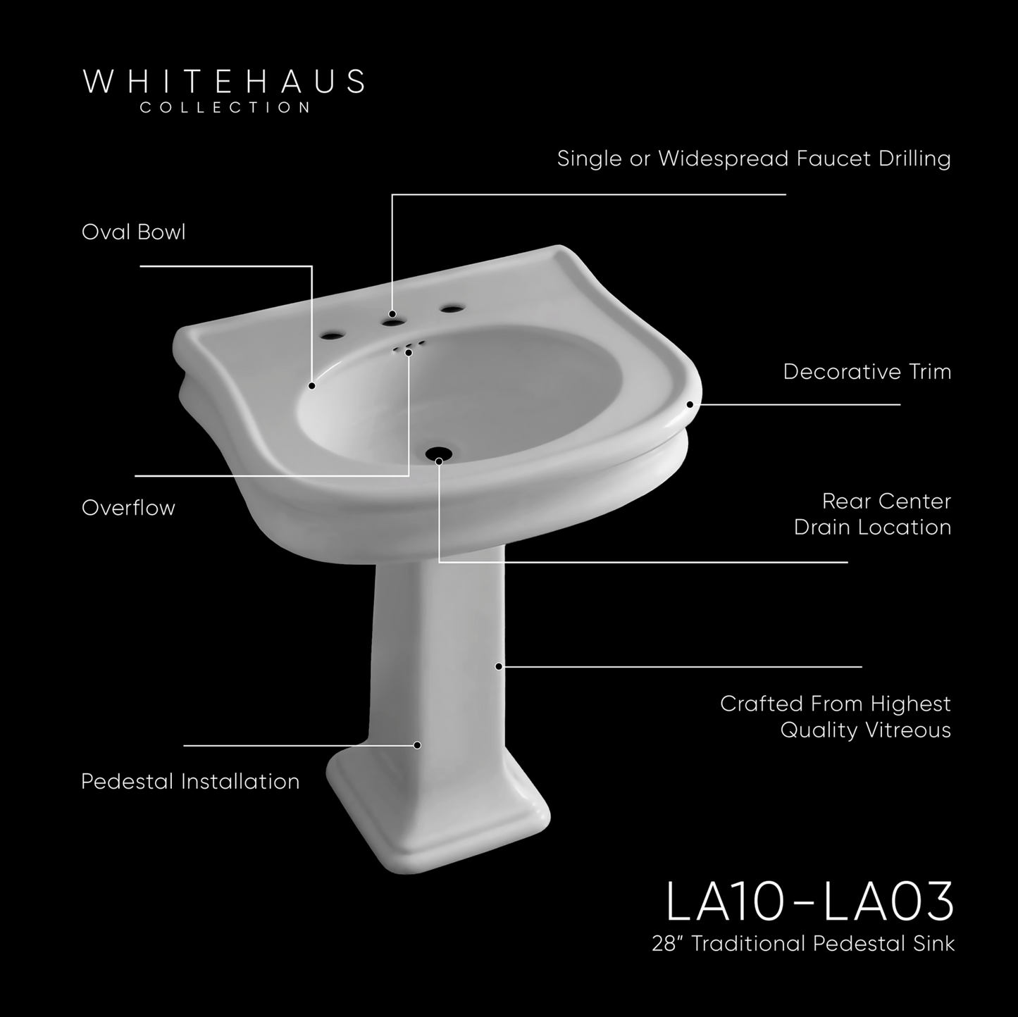 Whitehaus 28" Traditional Pedestal Sink LA10-LA03-3H