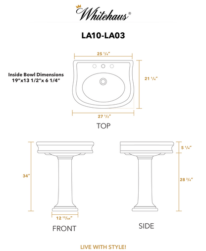 Whitehaus 28" Traditional Pedestal Sink LA10-LA03-3H