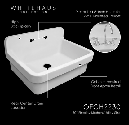 Whitehaus 30" single bowl fireclay kitchen/utility front apron sink OFCH2230-WHITE