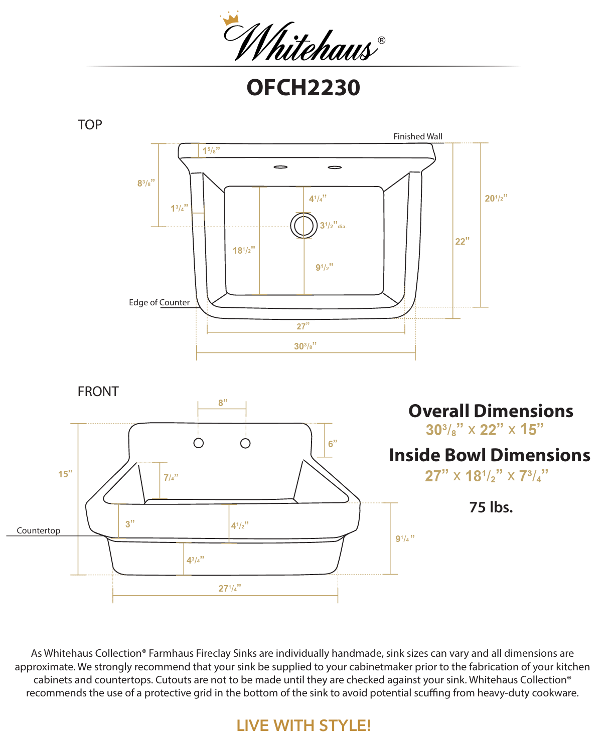 Whitehaus 30" single bowl fireclay kitchen/utility front apron sink OFCH2230-WHITE