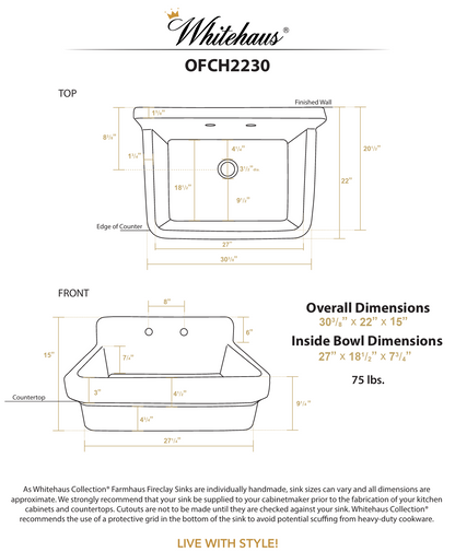 Whitehaus 30" single bowl fireclay kitchen/utility front apron sink OFCH2230-WHITE