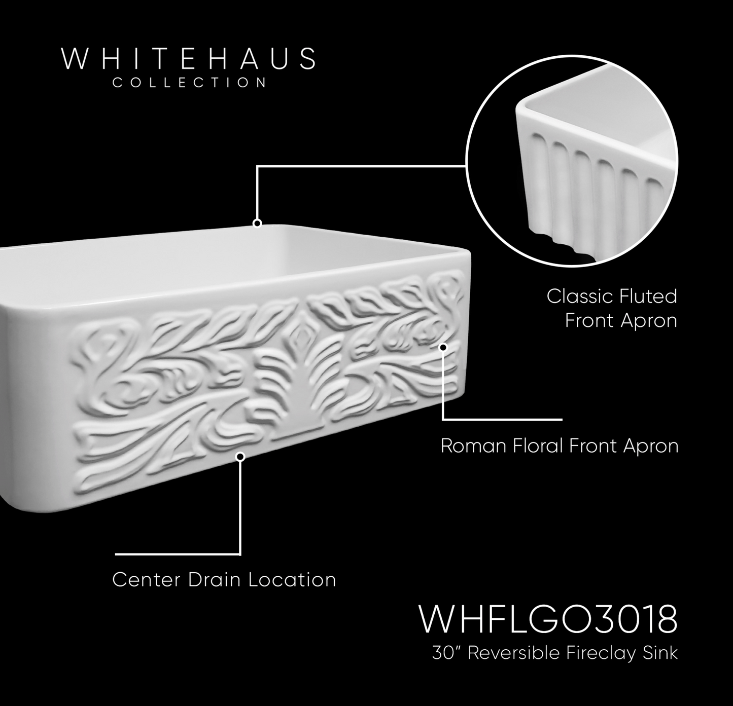 Whitehaus 30" Reversible Single Bowl Fireclay Kitchen sink WHFLGO3018-WHITE