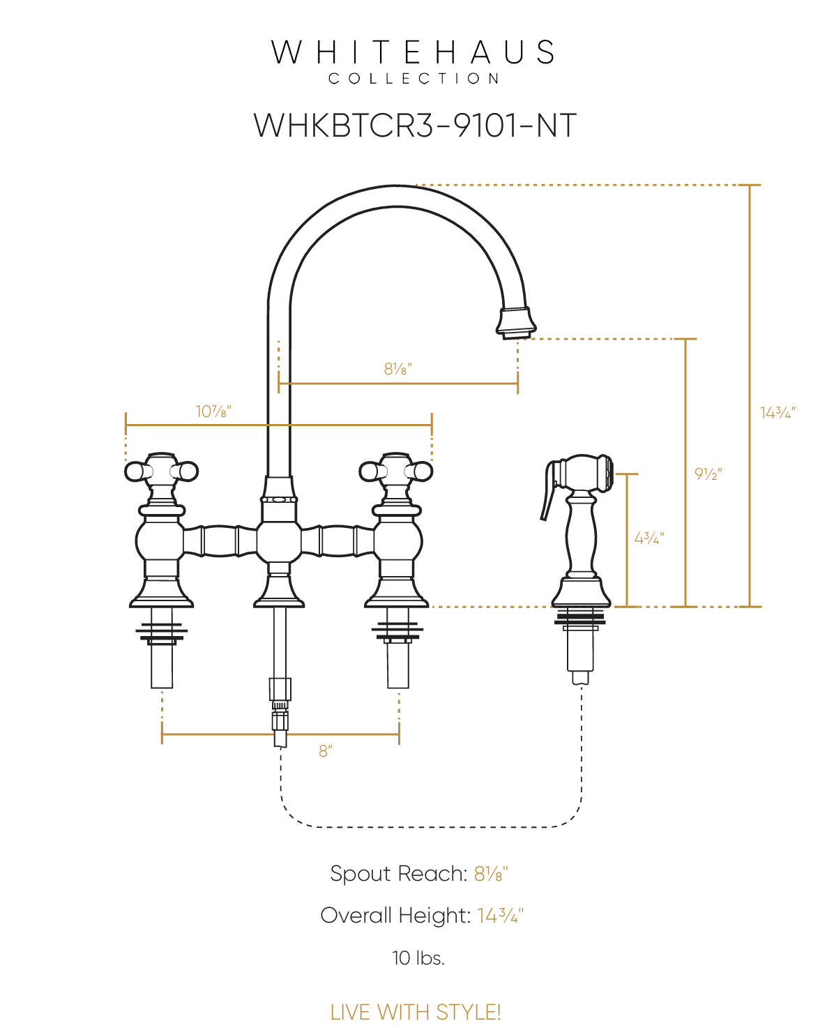 Whitehaus Bridge Faucet with Long Gooseneck Swivel Spout WHKBTCR3-9101-NT-PN